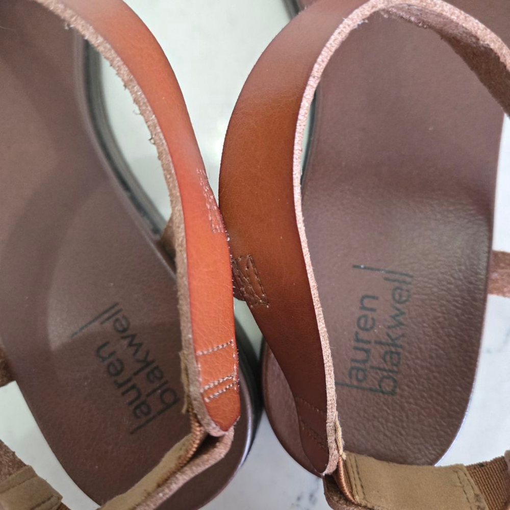Women's Lauren Blakwell Olivia Leather Flat Sandals in Camel Brown Size 9.5 - Picture 7 of 7